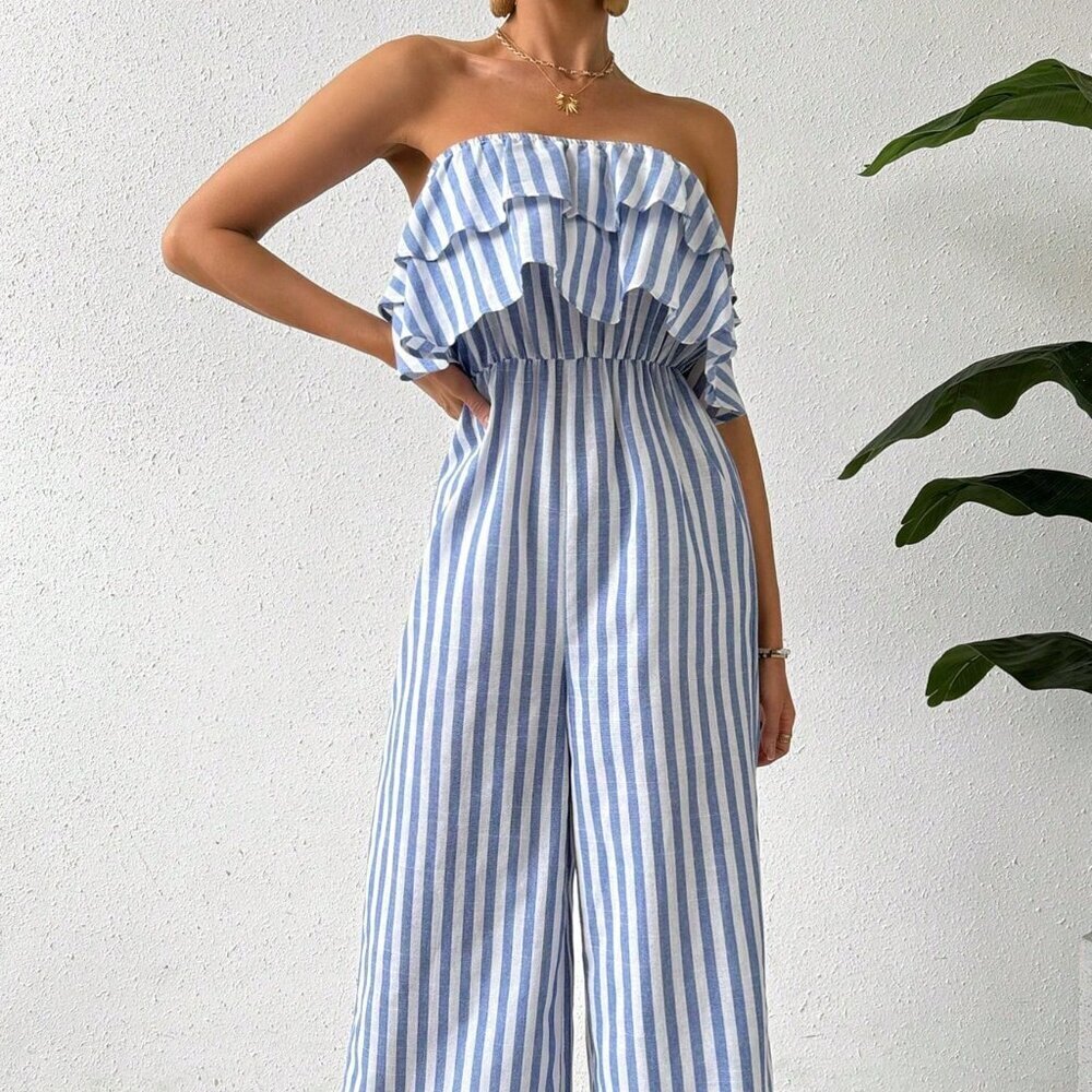Blue and White Boho Women's Striped Strapless Wide Leg Jumpsuit With Ruffled - Picture 7 of 8
